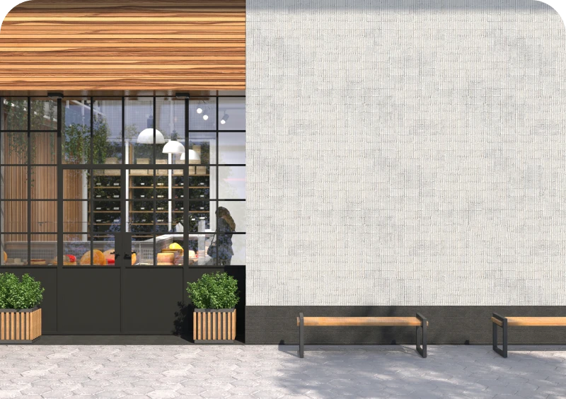 Modern cafe exterior with large windows